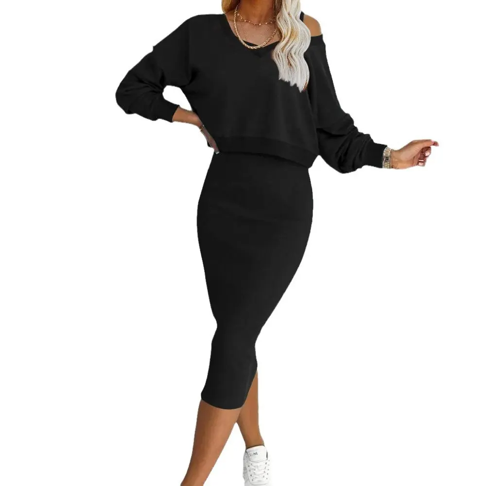 Women's Two Piece Dress Suit Fashion Long-sleeved  V-neck Pullover Sweatshirt And Sleeveless Dresses Set Solid Color Loose Swing Sundress Square Maxi Lace Puff