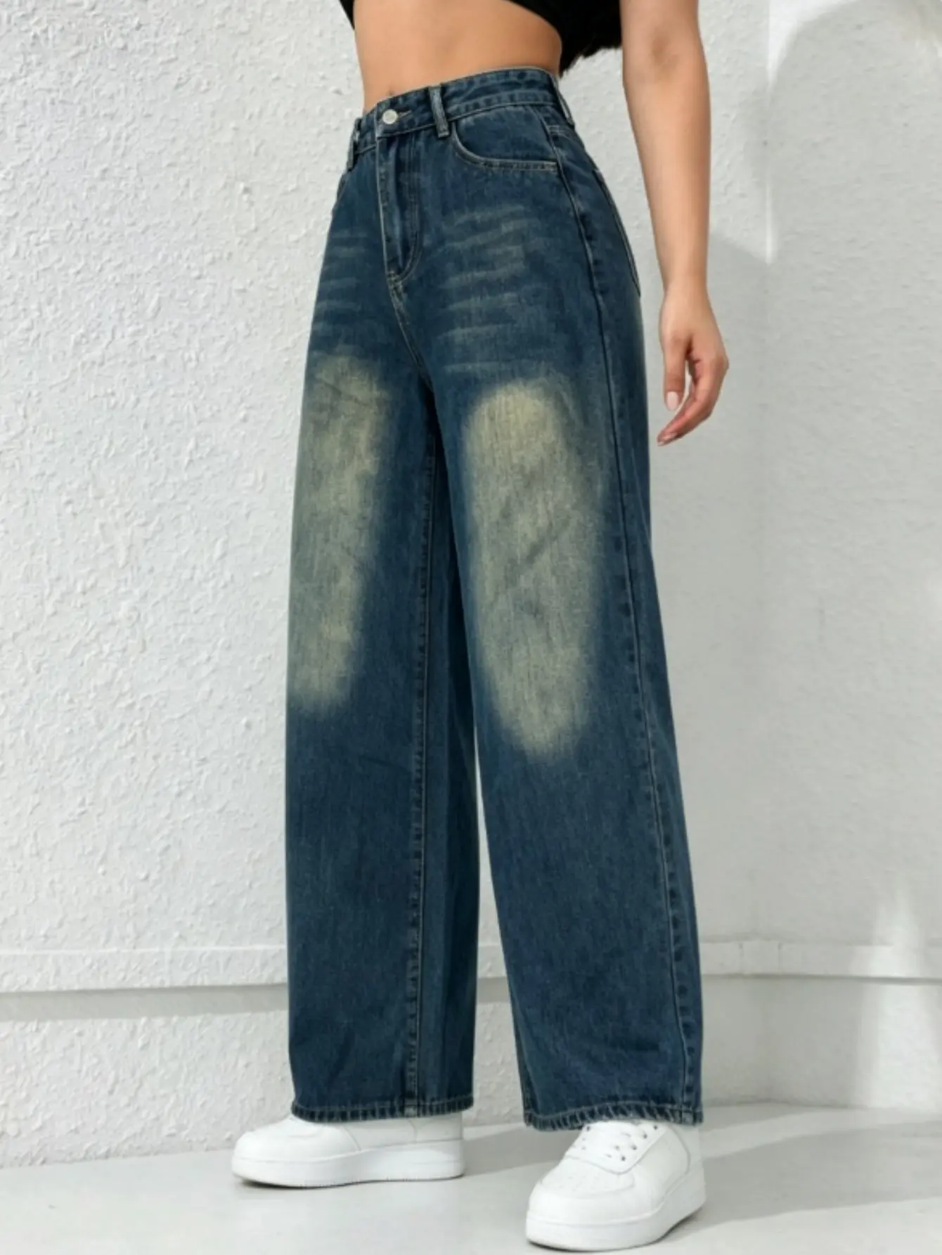 Women's Mid-Low Rise Baggy Wide-Leg Straight Denim Jeans - Distressed, Tummy Control, Curve-Hugging, Comfortable, Minimalist Basic Bottoms with Pocket, Regular Size, BBL-Friendly, Spring Daily Fashion WH44, Classic Straight Jeans, Trouser, Baggy Cut Jeans
