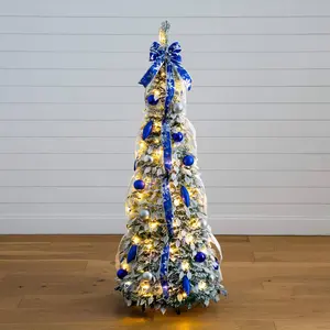 5' Pre-Lit Artificial Pop Up Flocked Christmas Tree with Silver & Blue Ornaments, Ribbons  and 100 Warm White LED Lights