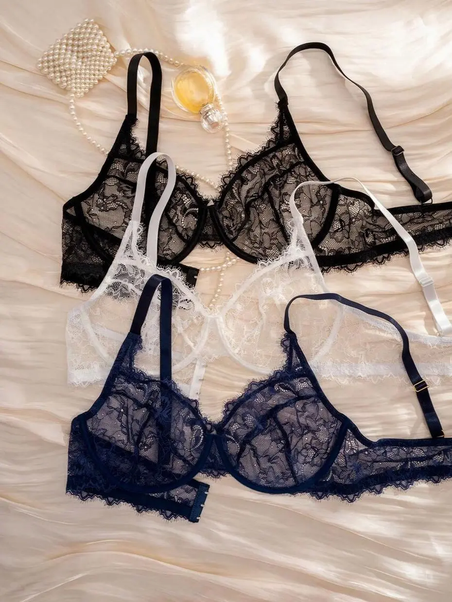 3 Pcs Plus Size Lace Underwire Bra Set, Comfortable Supportive Full Coverage Lingerie