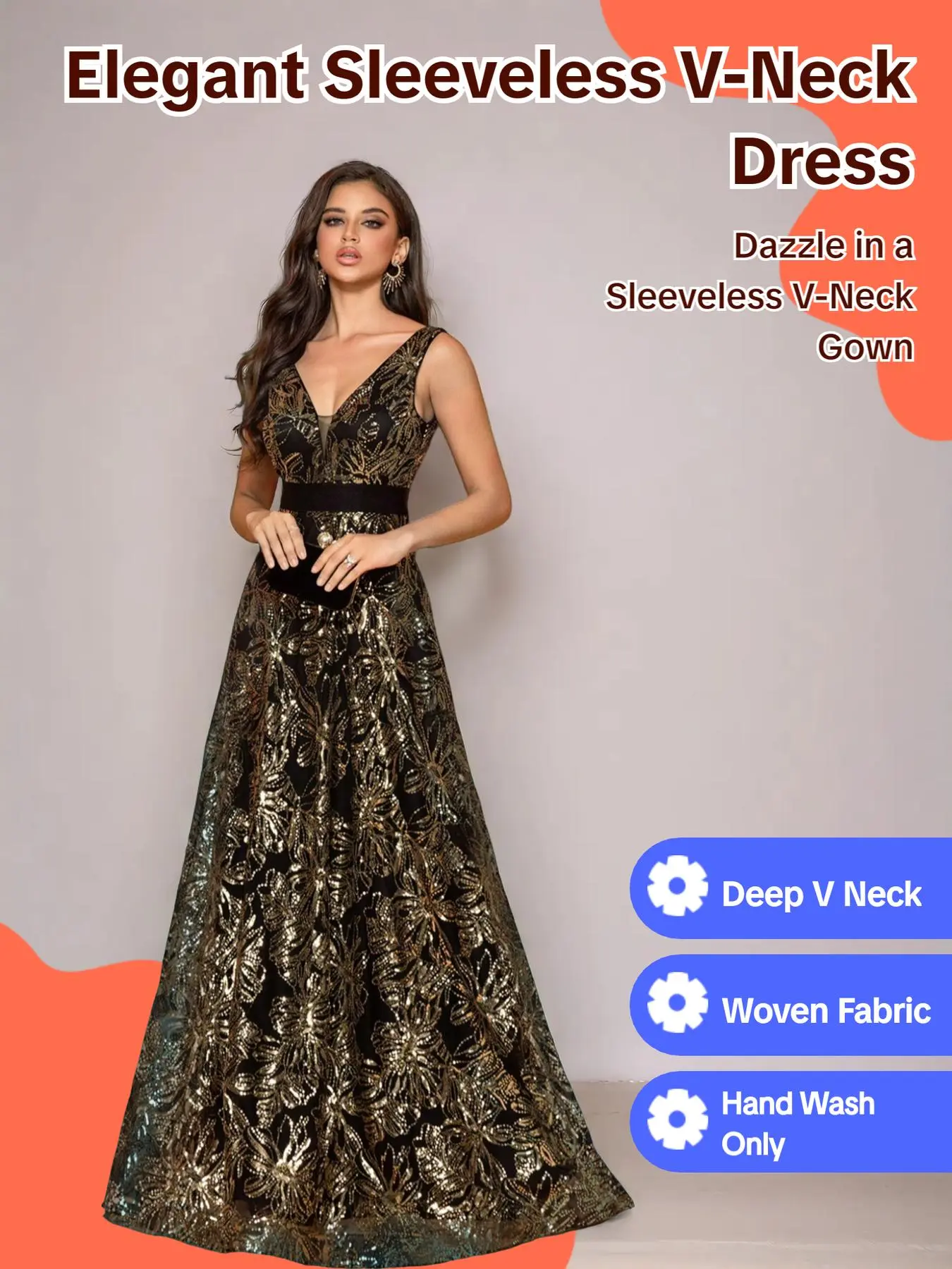 Women's Floral Sequins Backless Sheer V Neck Formal Evening Dress, Summer Clothes Women, Elegant Style Sleeveless Maxi A Line Dress for Party Wedding Bridesmaid, Ladies Summer Clothing, Womenswear