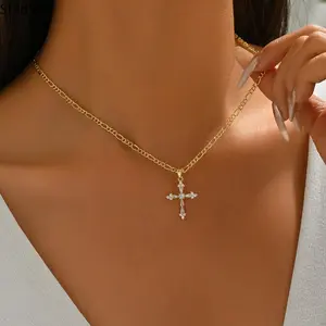 2026 New Crystal Cross Pendant Necklace for Women, Gold Figaro Chain Necklace, Minimalist Religious Jewelry for Daily Wear