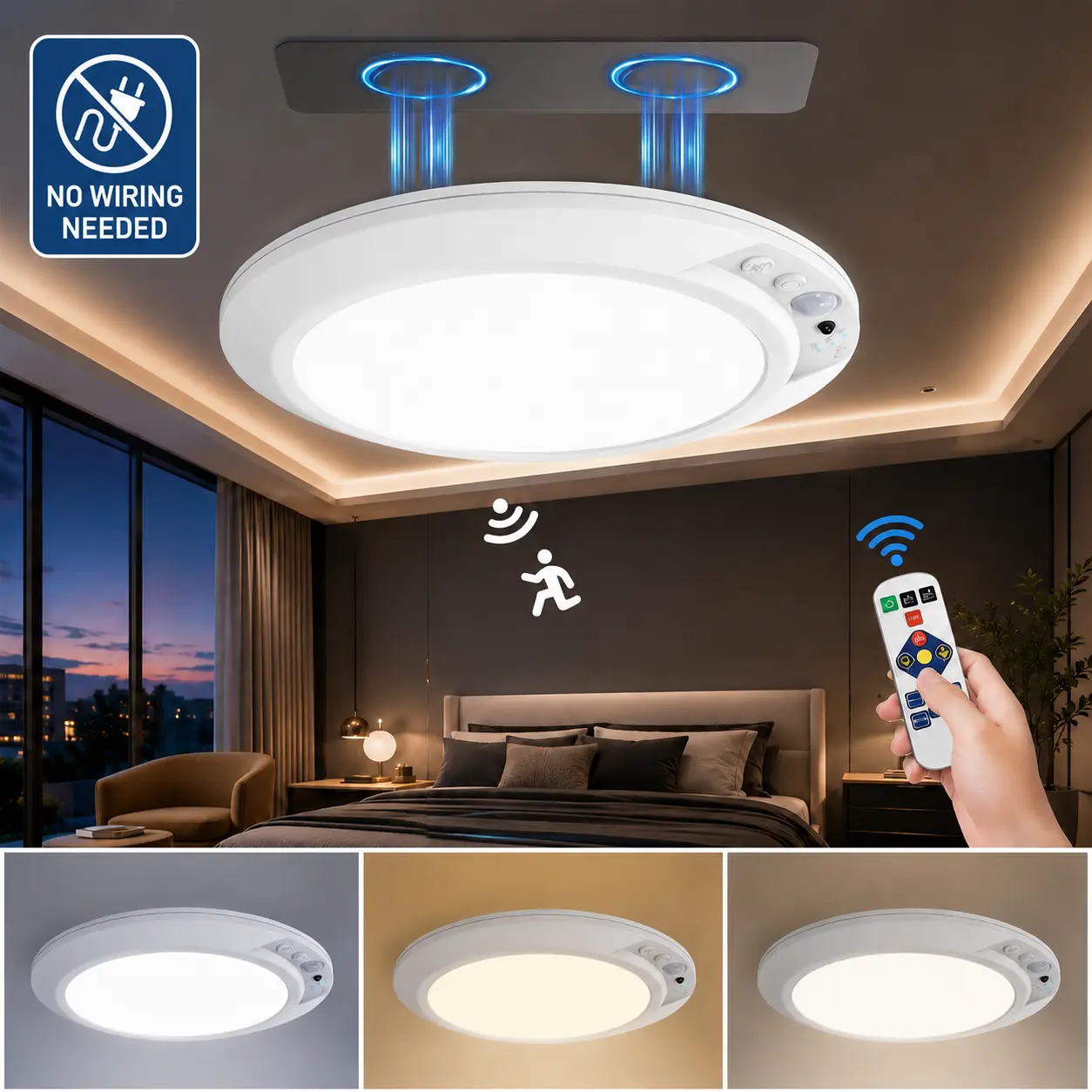 Rechargeable Motion Sensor Ceiling Light with Remote, 4000mAh Wireless Magnetic LED Closet Light, 3 Color Modes, Easy Install No-Wiring Light for Dorm Room, Apartment, Hallway, Stairs & Bathroom
