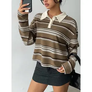 Striped Lapel Long Sleeve Top, American Casual Style, Loose Fit + Lapel Design, Perfect for Daily Commute Wear