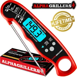 Alpha Grillers Instant Digital Meat Thermometer - Foldable Stainless Steel, Waterproof, Lifetime Warranty, Perfect for BBQ, Baking, Air Fryer, Kitchen Utensils