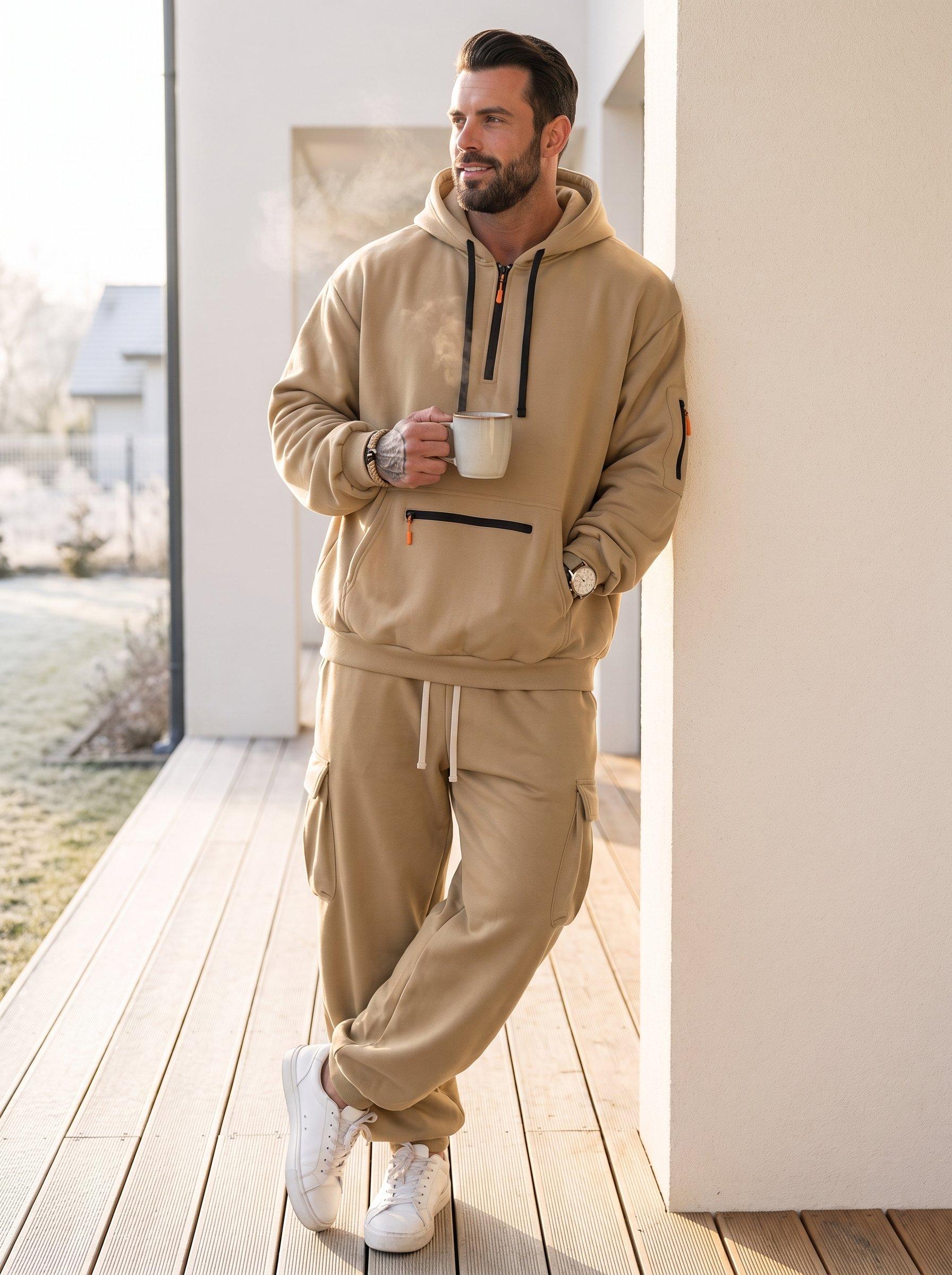 KZZ Men's 2-Piece Activewear Set - Cozy Long-Sleeve Fleece-Lined Workwear Jacket & Loose-Fit Pants with Multiple Pockets for Winter Work-to-Casual Menswear Clothing