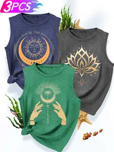 Women's 3Pcs Crew Neck Tank Tops, Lotus/Sun & Moon/Mystic Hand Symbol Series Print, Multiple Colors Available, Machine Washable, Spring & Summer Tops, Soft Skin-Friendly Fabric, Daily Versatile, Fashion Design