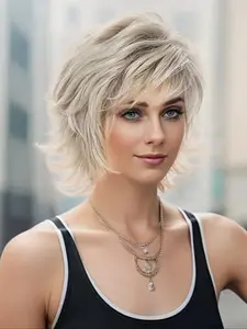 Women's Short Layered Wig with Bangs, Gradual Golden Bob Hairpiece for Daily Wear & Parties, Heat Resistant Synthetic Wig