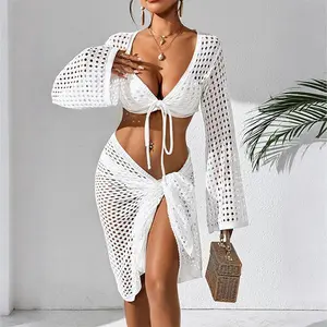 Crochet Two Piece Cover Up Set – Bell Sleeve Top & Wrap Skirt