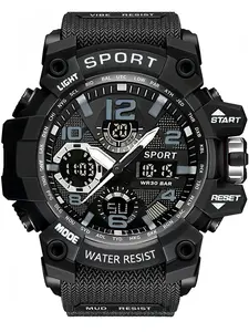 Teen Boys' Fashionable Tech Multi-Function Outdoor Sports Watch, Waterproof Night Light Alarm Clock, Dual Display Stopwatch, Electronic Watch