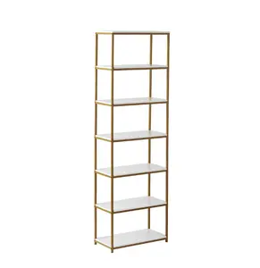 6-Shelf Gold Metal Frame Bookcase with White Shelves for Home Decor