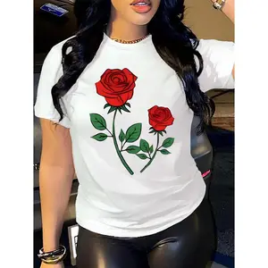 Women's Red Rose Print T-Shirt Round Neck Casual Top All Season Wear