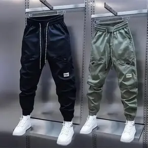 2025 Men's Autumn New Casual Pants Solid Color Elastic Waist Ankle Length Versatile Korean Style Fashionable Small Foot Cargo Pa