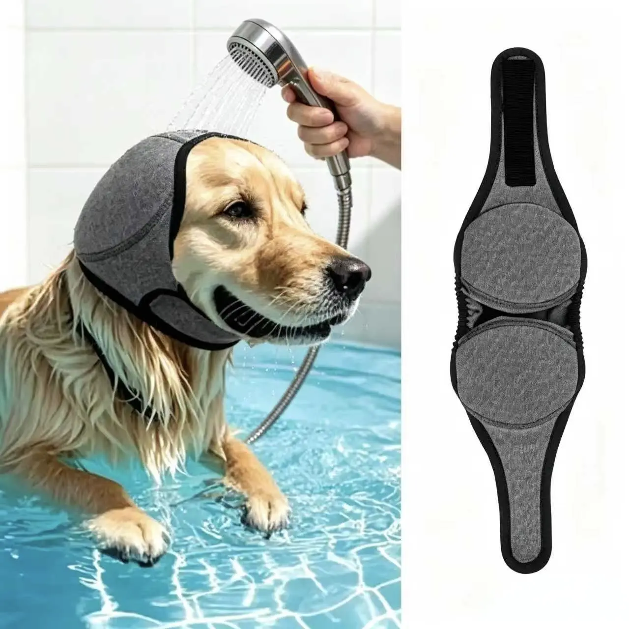 Dog Calming Hoodie for Dogs Dog Ear Wrap Dog Snood Noise Reduction Ear Cover Adjustable Pet Grooming Hood for Bath Blow Dry Fireworks Thunder Anxiety Car Ride Waterproof Grey