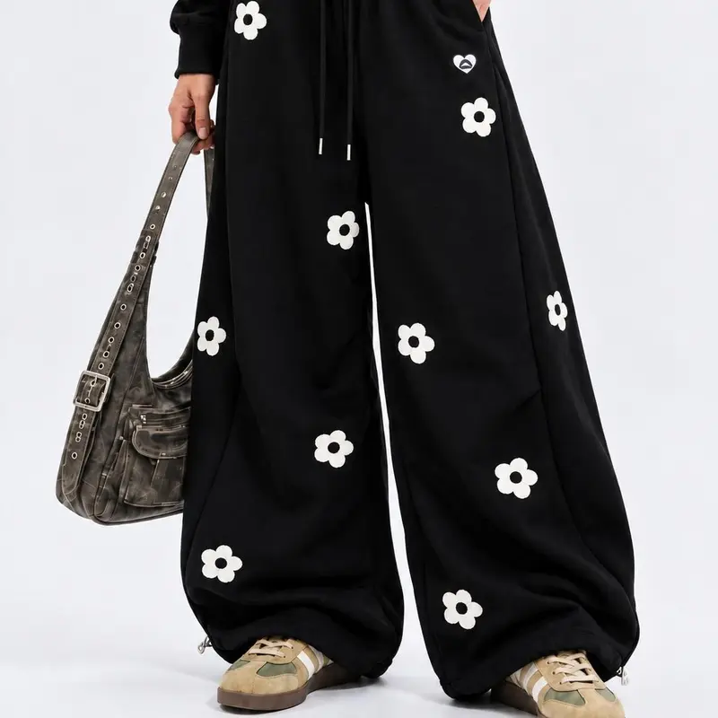 Aelfric Eden Men's Cozy Cotton Baggy Barrel Sweatpants - Unisex, 3D Character Floral Towel Embroidery, Elastic Waist Drawstring, Drape, Tapering Back, Preppy Y2K Streetwear Vintage Joggers, Party Back to School Outfits