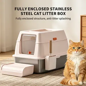 Stainless Steel Litter Box with Lid,Extra Large Enclosed Removable Cat Litter Boxes for Big Cats,Top Entry Metal Kitty Litter Box with Cover.Anti-Leakage,Easy Cleaning.Includes Scoop&Litter Mat