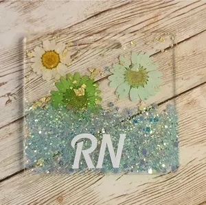 Green Presed Flower & Glitter Horizontal Badge Buddy for Medical Professionals - Personalizable Acrylic & Epoxy Resin Badge with Custom Design nurse doctor