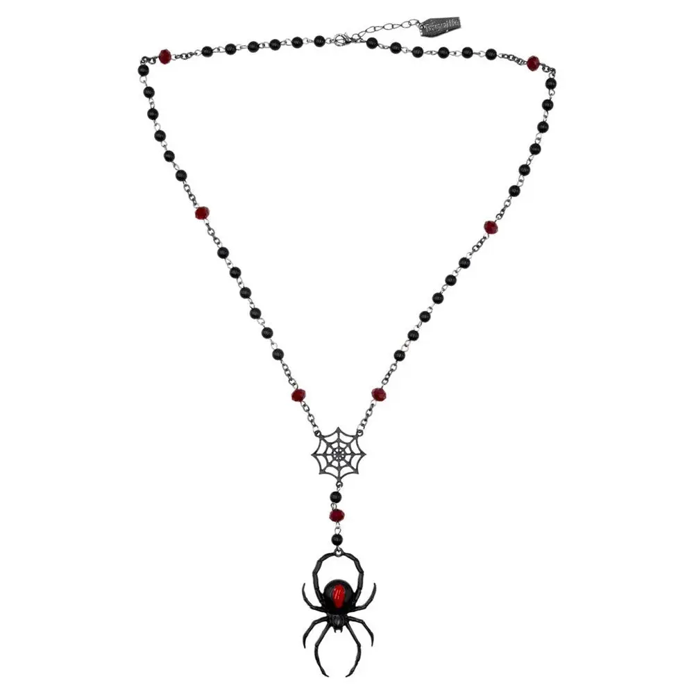 Black Widow Spider Rosary Charm Necklace - Alloy Bead Web Pendant Jewelry, Gothic Style, Designed in California
