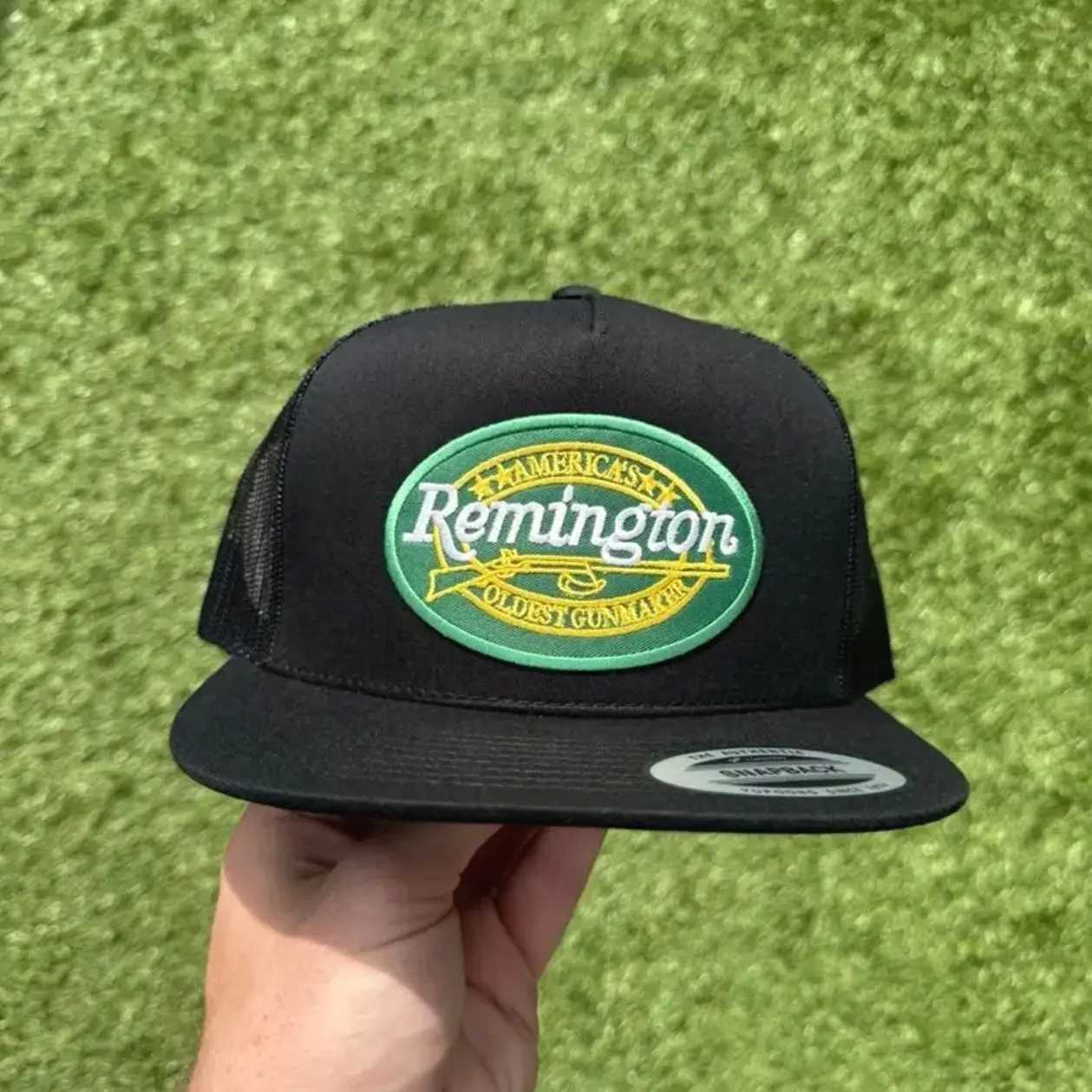 Vintage Remington Flat Bill Snapback Hat, Premium Adjustable Trucker Cap, Retro Outdoor Baseball Hat, Casual Streetwear Cap
