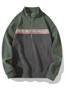Men's Classic Vintage Patchwork Half-Zip Sweatshirt, Color Block Stand Collar Striped Sport Top, Casual Loose-Fit Fall & Winter Apparel