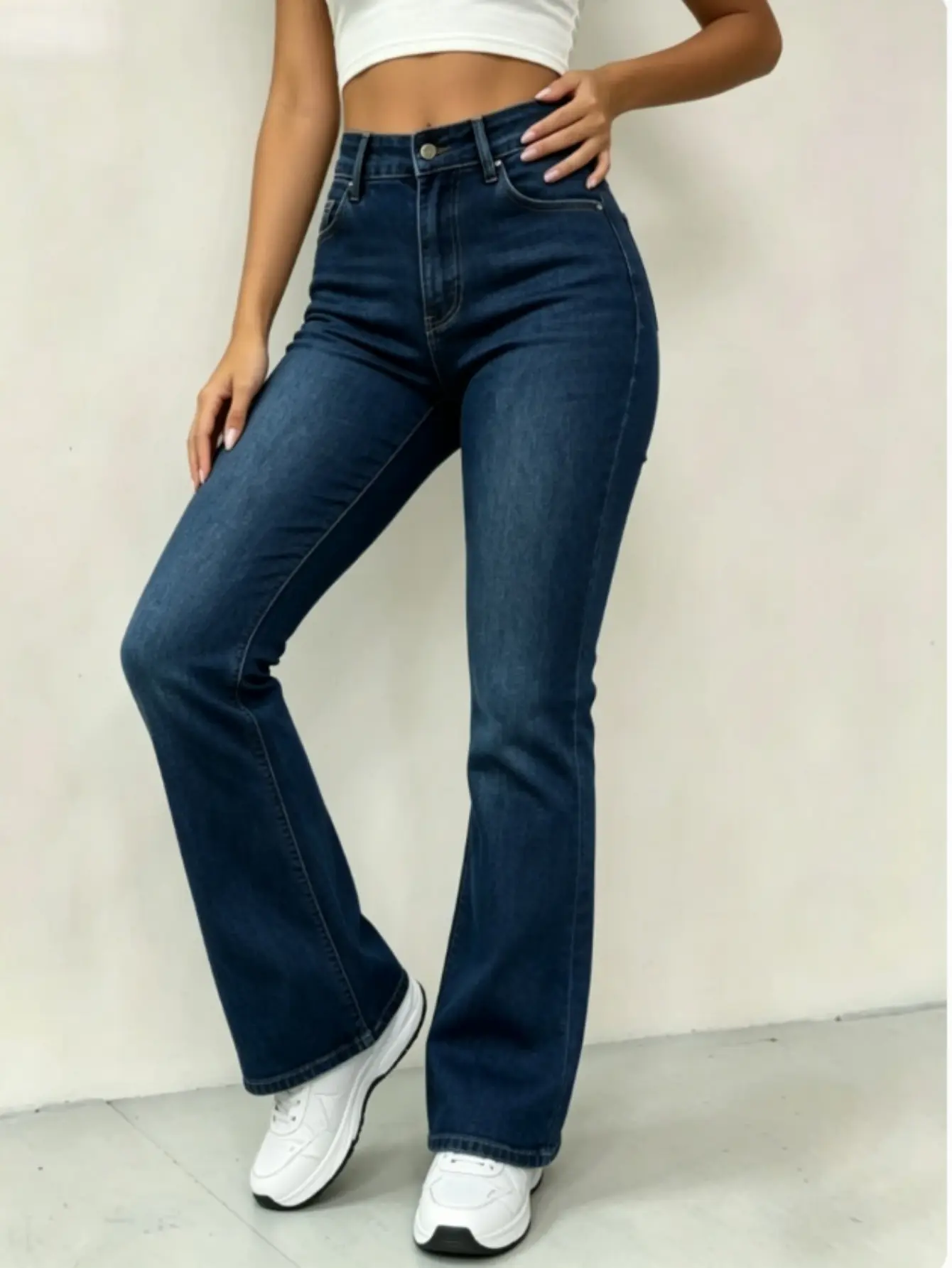 US Size 14-22 High Elastic Bell Bottom Jeans,Slim Leg Denim for Casual Weekend Outings