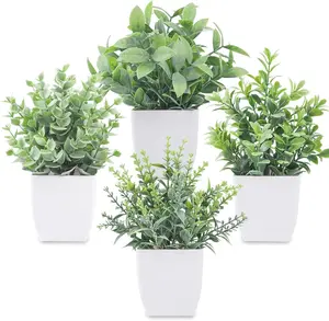 Der Rose 4-Pack Mini Artificial Greenery Potted Plants, Nature-Inspired Decorative Fake Plants for Indoor Home Office Table, Farmhouse Decor, Four Pack