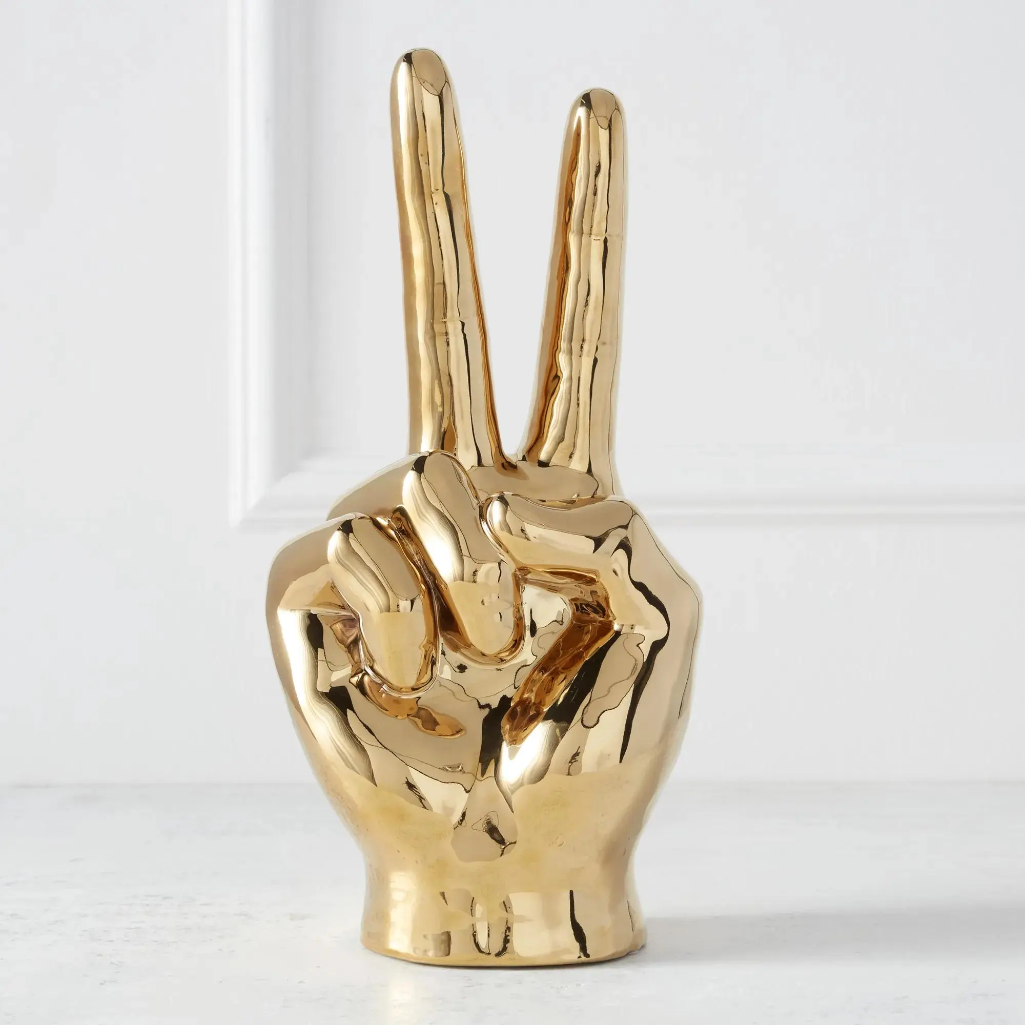 Z Gallerie Gold Handcrafted Ceramic Peace Sign Metallic Sculpture - Boujee Decorative Figurine, Whimsical Room Accent, Modern Home Decor, New Home Ornament