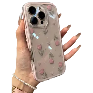 1pc Pink Tulips TPU Shockproof Full Coverage Phone Case, Compatible with Apple IPhone 16, 15, 14, 13, 12 Pro Max