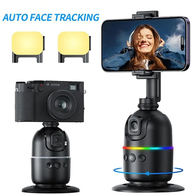 Automatic facial and body tracking tripod, Smartphone Camera Accessories, no application required, 360 ° phone stand with fill light and gesture control, remote free selfie stand for iOS/Android, Smartphone (black)