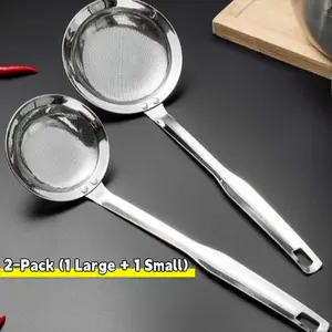 Small+Large 2pcs Filter Scoop Stainless Steel Fat Skimmer Spoon Fine Mesh Strainer Food Strainer With Handle Kitchen Oil Skimmer Strainer FU
