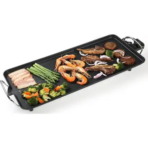 Electric Griddles with kitchen tongs-Oversized Removable Cooking Plate 11X25.7 Inch Large Smokeless Indoor Grill Nonstick Plates 2 Cooking Zones with Adjustable Temperature