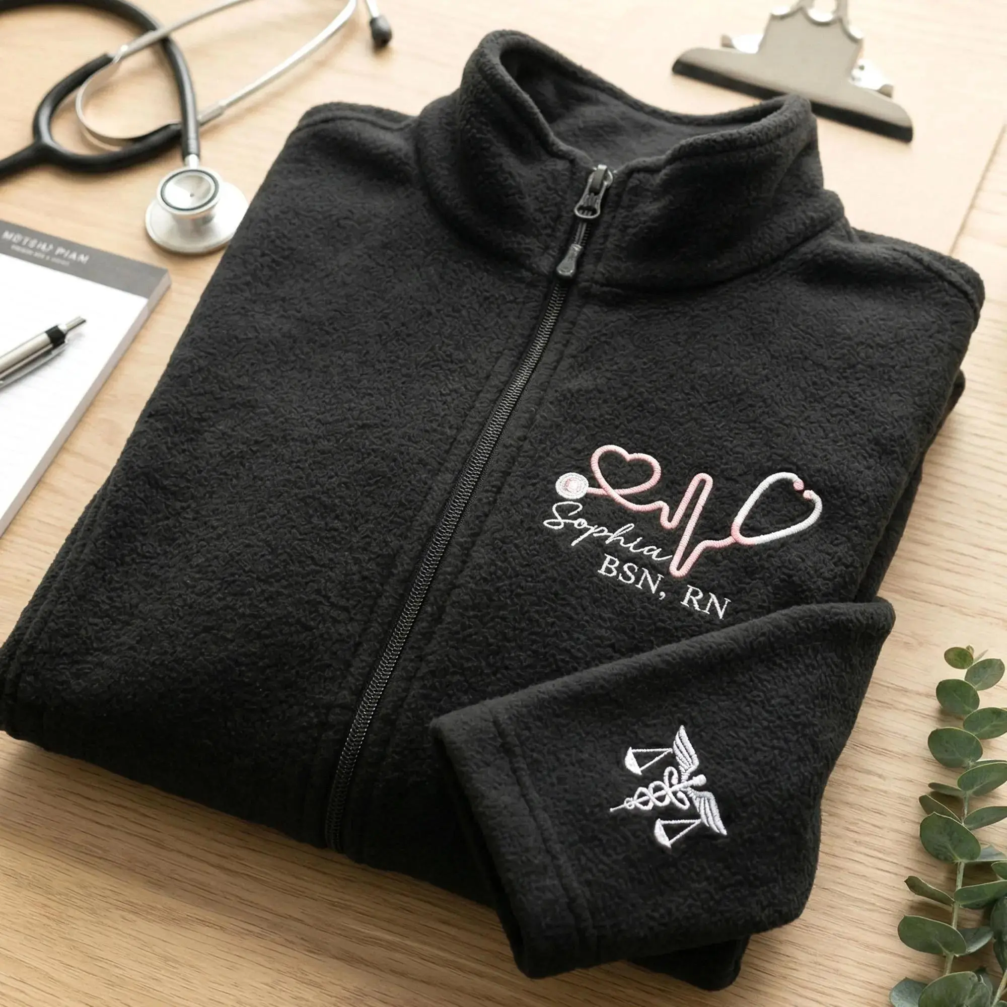 [MAKE IN US]Embroidered Nurse Full Zip Jacket, Custom Hospital Fleece Jacket for Women, RN Zip Up Jacket with Pockets, Nurse Graduation Gift, Medical Staff Gift