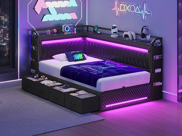 Hasuit L-Shaped Corner Bed Frame - Leather Upholstered with Pull-Stitch Detailing, 4 Storage Drawers, LED Light, Metal Legs, 500lbs Load Capacity, Convertible Daybed (Esports Style)
