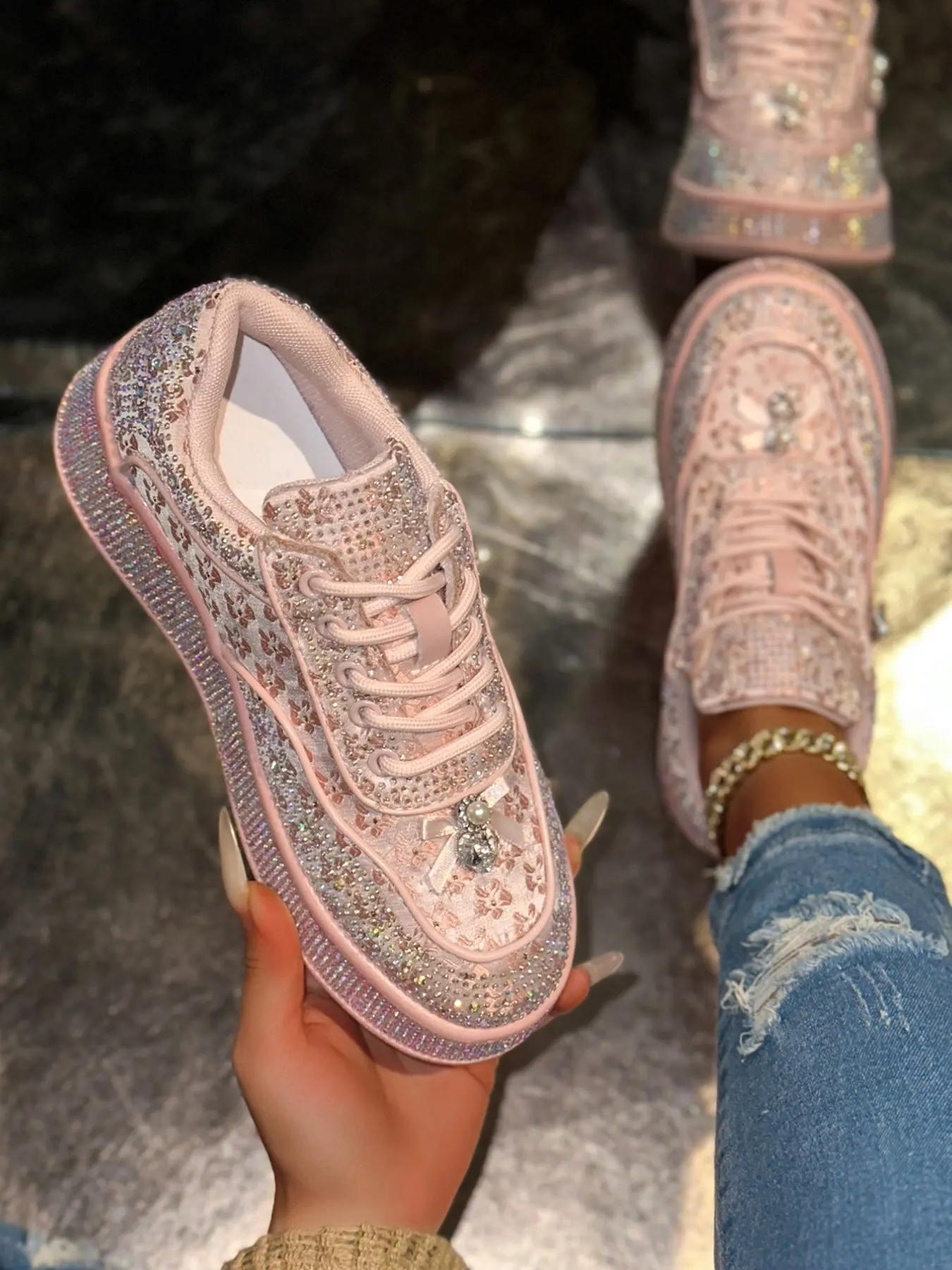 Women's Full Diamond Sparkling Fashion Casual Shoes, Luxurious Unique Design, Shiny Accessories Embellished Thick Sole All-Season Sneakers