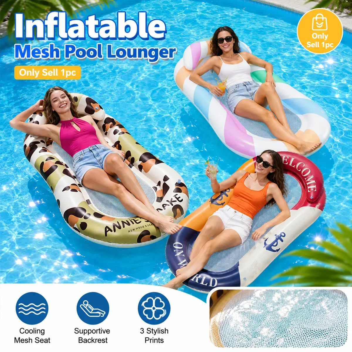 Inflatable Mesh Pool Hammock Lounger for Adults, Foldable PVC Water Float with Backrest Headrest and Cooling Mesh Seat, Summer Water Float, Hammock Pool Floats, for Pool, Beach, Lake, Resort Vacation, Sunbathing, Swimming and Summer Party Relaxation