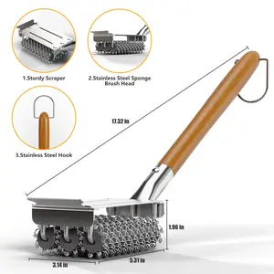 HOUSE AGAIN Grill Brush Bristle Free, 304 Stainless Steel Food-Grade Brush Head with Scraper, Safe BBQ and Grill Grate Cleaner Non Wire, Outdoor Grill Cleaning Brush w/Wooden Handle Gift for Men/Dad tiktokshopspringglowup summervibes, summerwins,summerwin