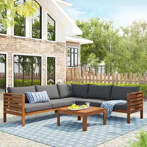 Eyisean 86.2" Wood Outdoor Sectional Sofa Set, L-Shaped Patio Furniture Set with Coffee Table & Pillow, Comfy Sectional Upholstered Sofa with Water-Resistant & UV Protected for Garden, Balcony