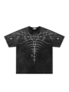 Men Women Summer New Trendy Fashion Casual Short Sleeve Round Neck Tee Shirt, Vintage Dark Streetwear Street Style Washed Dye Graphic Skull Cross Pattern Top, Menswear