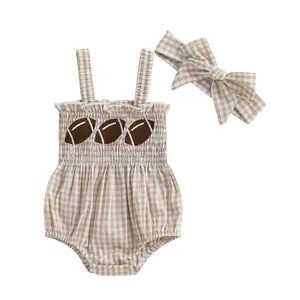 FOCUSNORM Newborn Baby Girl My First Game Day Outfit Rugby/Golf Embroidery Shirred Sleeveless Bubble Romper Set Infant Clothes