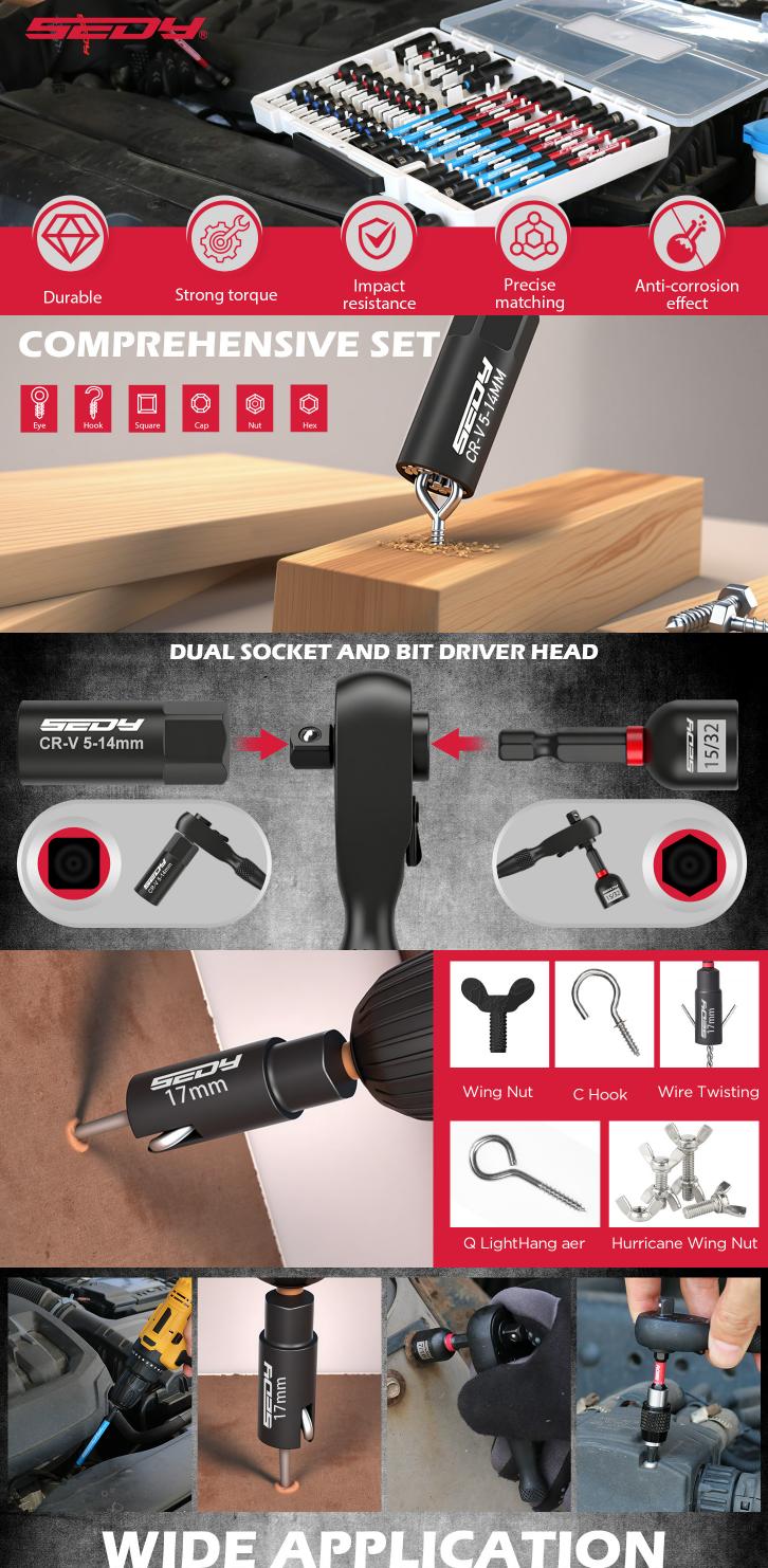 Magnetic Impact Nut Driver Set, 80pc or 41pc or 59pc, Metric & SAE with Socket Adapters, Bit Holder, Wing Nut Driver, Universal Sockets, Quick Release Extension, Power Bits toolbox Multifunctional Screwdriver Switchable Screwdriver Shape