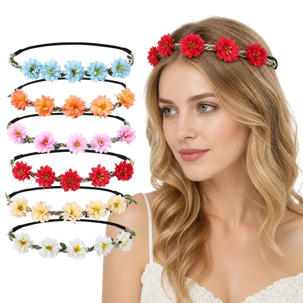6 Pcs Daisy Flower Headbands for Women Boho Flower Crown Adjustable Floral Headbands for Wedding Bridal Shower  Festival Hawaiian Party Photoshoot Costume Accessories - Home Improvement.