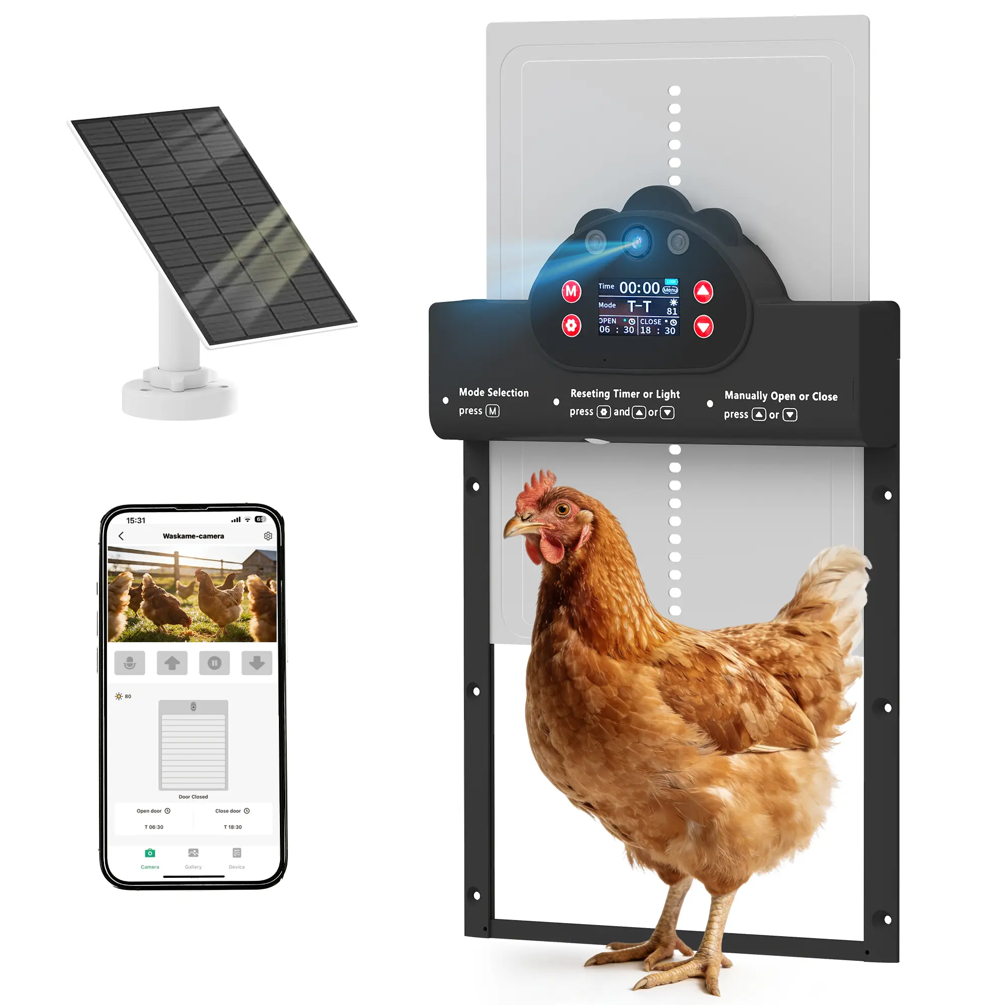 2K HD AI Automatic Chicken Coop Door for Poultry & Garden/Patio Animals, Solar-Type-C Powered 5200mAh Battery, 2.4G WiFi APP Remote Control, Timer, Light Sensor, Manual Mode, Dual Anti-Pinch, IP65 Waterproof, Cars/Siren Compatible Safety Door