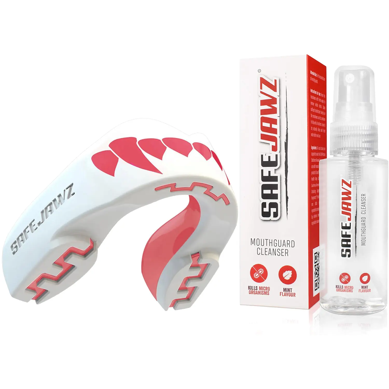 SafeJawz EXTRO Dual Layer Sports Mouth Guard and Disinfectant Spray Bundle for Basketball, Football, MMA, Hockey, Wrestling - Junior - Pink Fangz, Athletes, Anti Gag