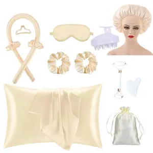 13-Piece No Heat Curling Set & Skincare Kit, Spa Gift Set, Satin Pillowcase, Sleep Cap, Eye Mask, Hair Ties, Scalp Massager, Face Roller, Scraping Board, Heatless Styling Kit