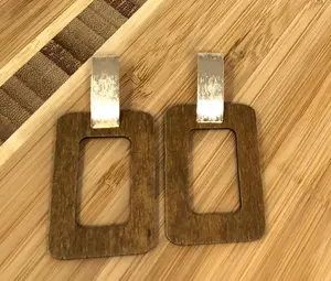 Stand Out Fashion Earrings - Rectangle Wooden Earrings in Dark Brown Light Brown & Black Gold Tone Metal & Wood Handmade Dangle Earrings 1.25" x 2.75"