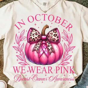 Breast Cancer Awareness  Shirt, In October We Wear Pink   Leopard Ribbon Bow Pumpkin Shirt Design for Women Fall Support Gift Preppy Pink Ribbon