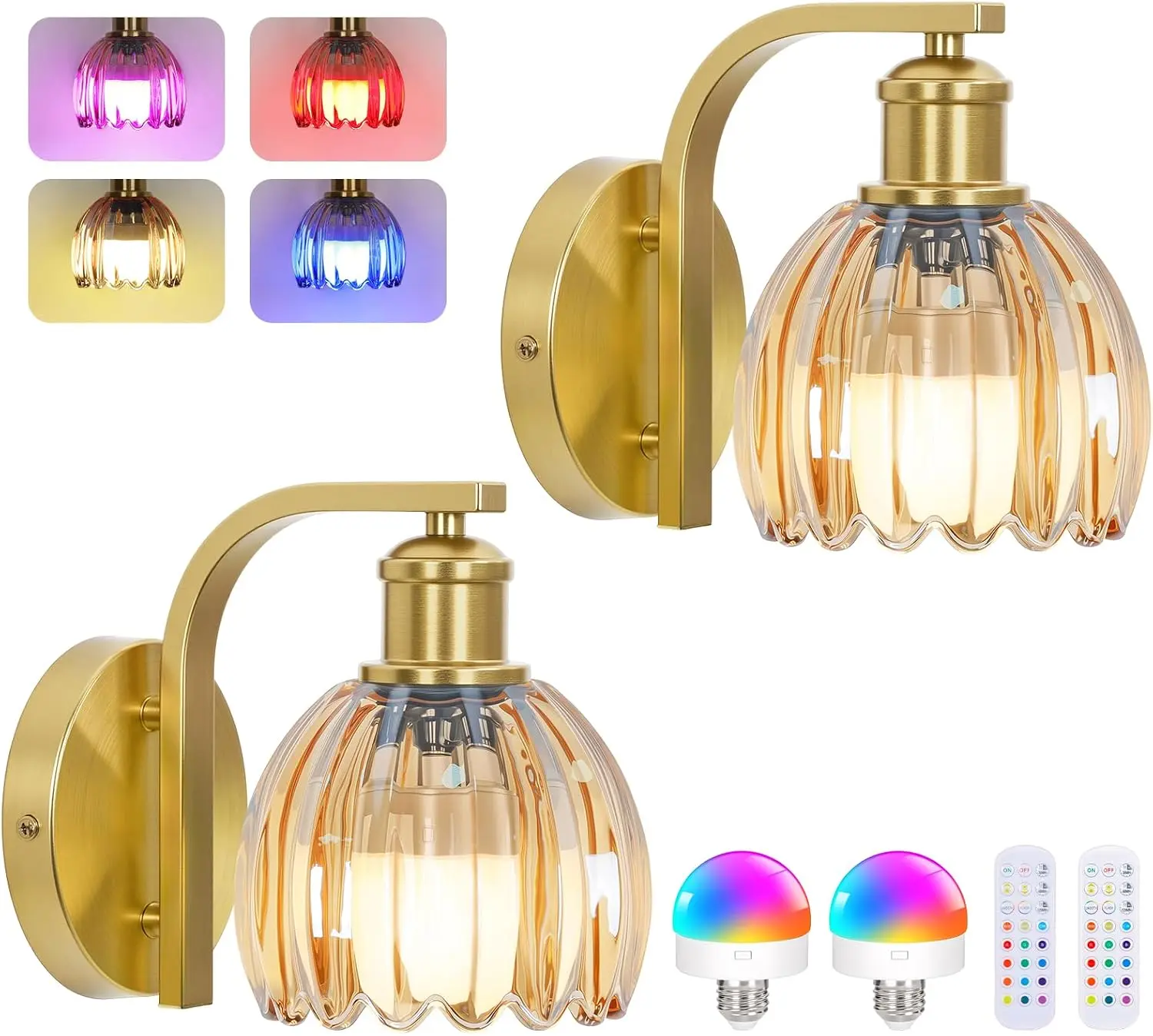 MATULSA Rechargeable Wireless Wall Sconces Set of 2, Gold Wall Lights with Glass Shade, Remote Control for Bedroom Hallway Bedside