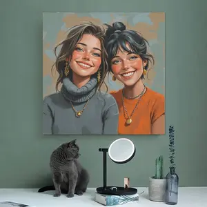 2D Flat, Personalized Fun Cartoon Portrait Canvas Poster - Custom Photo to Cartoon Art, Wrap-around Framed Canvas, Large Wall Decoration, Suitable for Weddings, Pets, Family Memories - Modern Classic Decorative Art Style, Easy to Hook and Install
