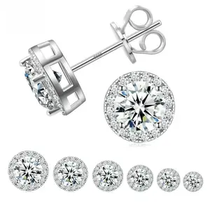 LeFlow 925 Sterling Silver Round Halo Stud Earrings for Real OG, D Color VVS1 Moissanite Solitaire Earrings with Micro Pavé Border, Street Style Hypoallergenic Multiple Size Classy Hip Hop Fine Jewelry Gift Moissanite Pass the Tester