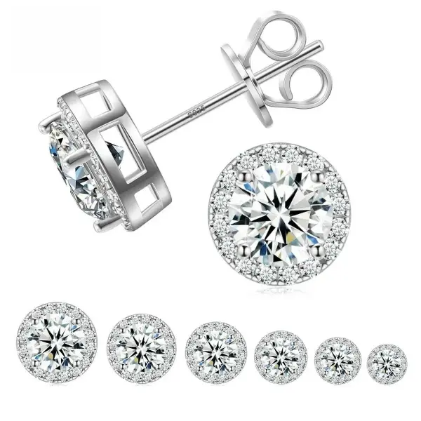 LeFlow 925 Sterling Silver Round Halo Stud Earrings for Real OG, D Color VVS1 Moissanite Solitaire Earrings with Micro Pavé Border, Street Style Hypoallergenic Multiple Size Classy Hip Hop Fine Jewelry Gift Moissanite Pass the Tester